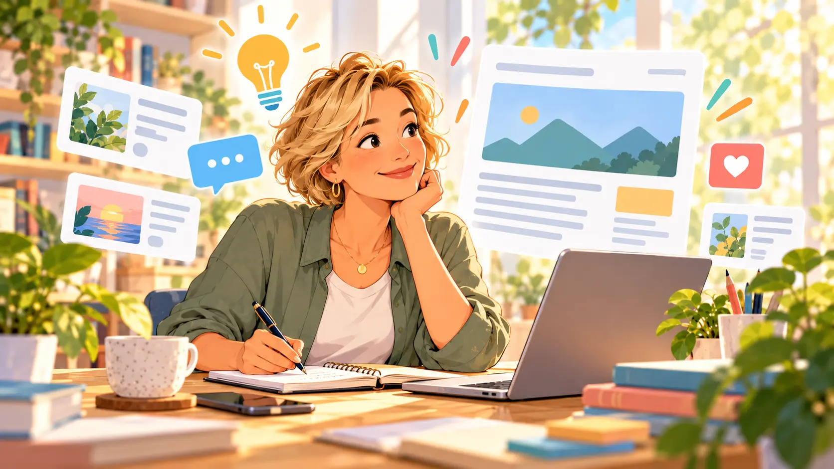 Illustration: Eine Pädagogin schreibt Notizen, um sie herum schweben Artikel-Vorschauen