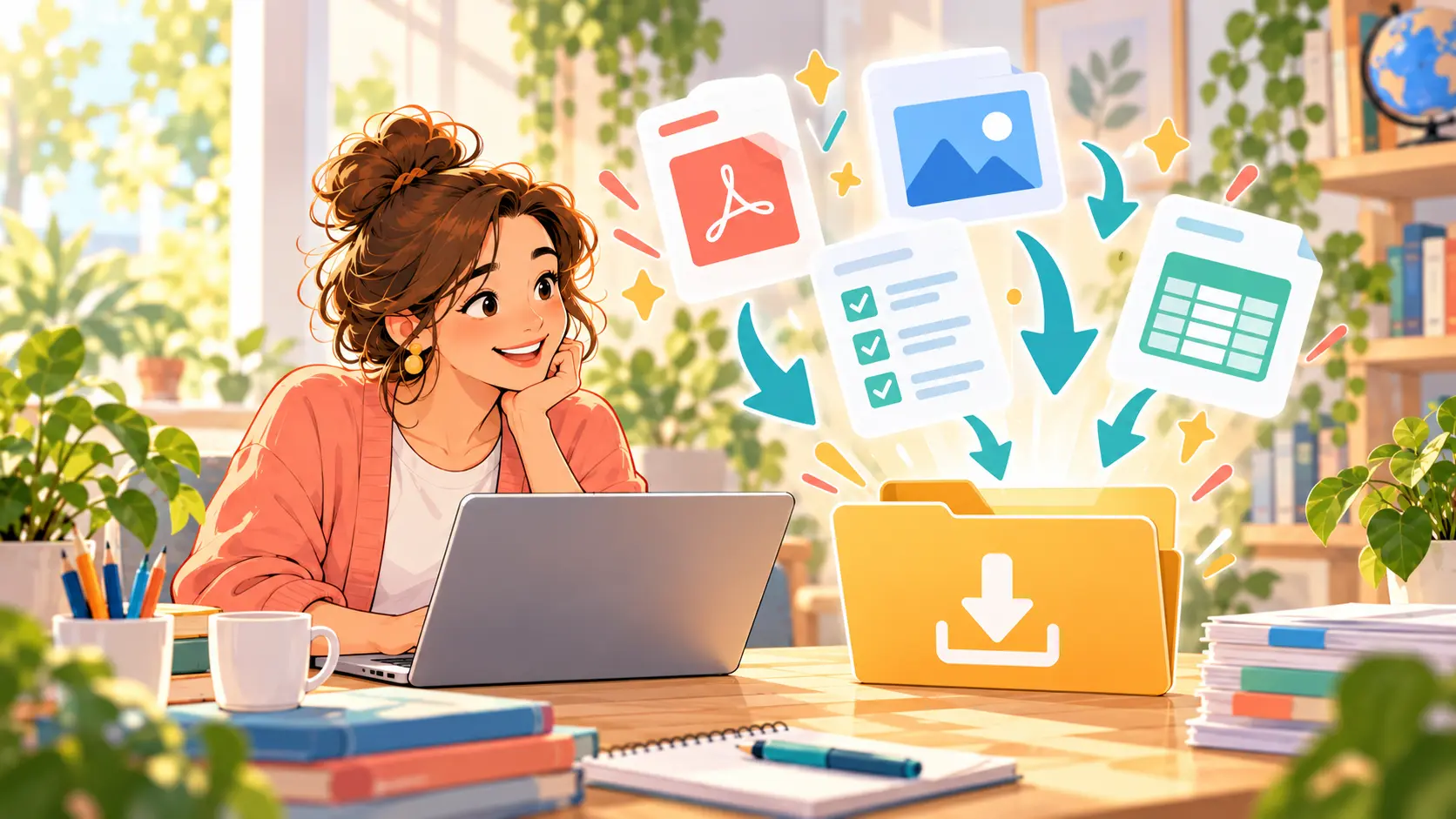 Illustration: Eine Pädagogin am Laptop, Dokumente und Checklisten fliegen in einen Download-Ordner