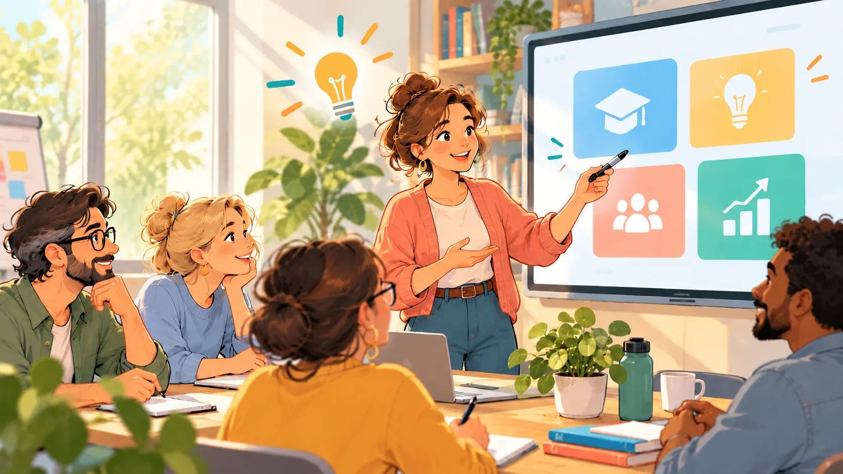 Illustration: Eine Pädagogin stellt ihrem Team am Bildschirm neue Ideen vor