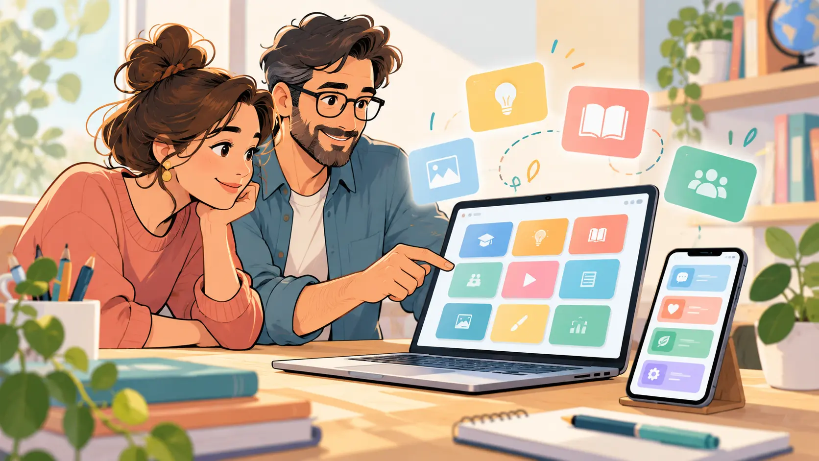 Illustration: Zwei Lehrkräfte schauen gemeinsam auf einen Laptop mit App-Kacheln