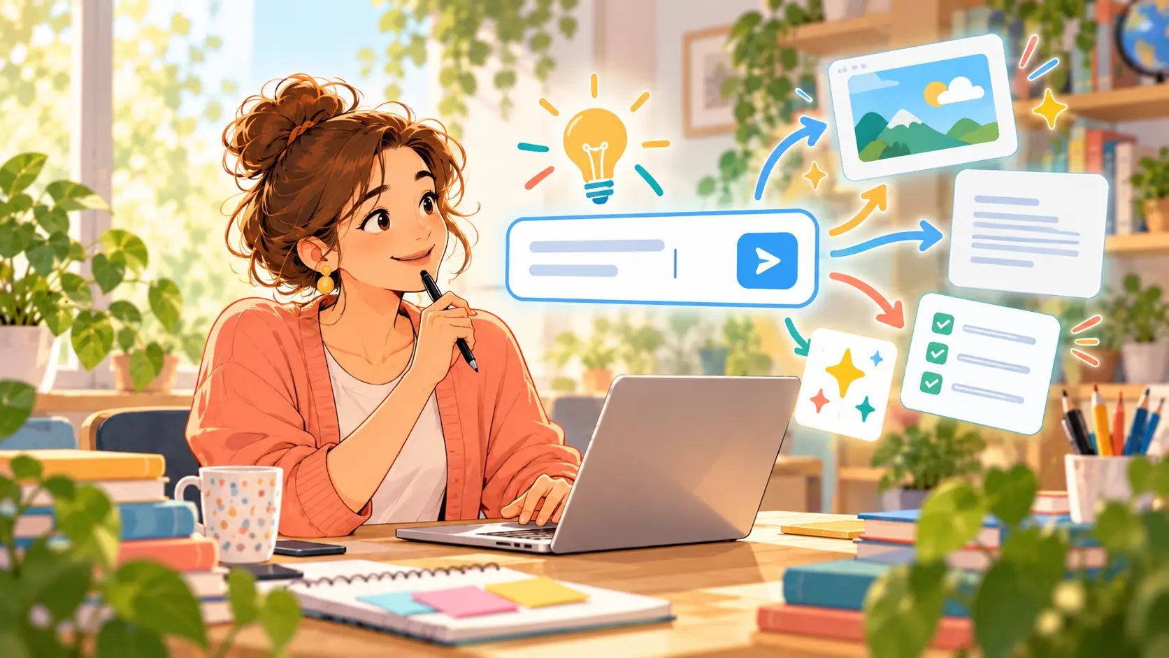 Illustration: Eine Pädagogin überlegt am Laptop, aus einem Eingabefeld entstehen Bild, Text und Checkliste